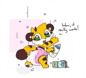 4_fingers after_transformation age_regression ambiguous_gender anthro baby_bottle blush blush_lines bottle brown_body brown_ears brown_fur brown_nose brown_pawpads brown_stripes brown_tail brown_tail_tip clean_diaper clothed clothing container dialogue diaper diaper_only dipstick_tail fingers fur holding_baby_bottle holding_bottle holding_container holding_object looking_back markings multicolored_body multicolored_fur oblivious open_mouth open_smile pawpads permanent_transformation simple_background smile snaggle_tooth solo standing striped_body striped_fur striped_markings striped_tail stripes tail tail_markings tan_body tan_fur tan_inner_ear text three-quarter_view topless two_tone_tail wearing_diaper yellow_body yellow_fur yellow_tail boredomwithfriends ace_(boredomwithfriends) felid mammal pantherine tiger english_text full-length_portrait hi_res portrait