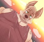 anthro looking_at_viewer looking_down looking_down_at_viewer machine male smile smiling_at_viewer smirk smirking_at_viewer solo syforg pec_pov_meme canid canine mammal maned_wolf himbo absurd_res hi_res meme