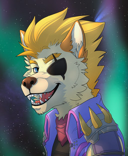 anthro blonde_hair blue_eyes brown_nose clothed clothing cosmic_background cosplay eye_patch eyebrows eyewear fur hair inner_ear_fluff male mohawk multicolored_body open_mouth smile solo space space_background tan_body tan_fur teeth tongue topwear tuft kobayashi-maruu nintendo star_fox wolf_o'donnell canid canine canis mammal wolf 2021 digital_media_(artwork) hi_res