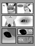 black_and_white canid canine comic dialogue duo eeveelution english_text eyes_close-up female feral generation_2_pokemon generation_3_pokemon generation_4_pokemon glaceon greyscale hi_res male mammal monochrome nintendo outside pokemon pokemon_(species) salamence snow tderek99 text umbreon winter