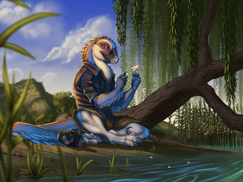 5_fingers amber_eyes ambiguous_gender anthro barefoot blue_body blue_feathers camera claws clothed clothing day detailed_background feathers feet fingers flower outside petals plant sickle sky solo tail tree water wairu dinosaur dromaeosaurid feathered_dinosaur feathered_scalie prehistoric_species reptile saurischian scalie theropod velociraptor 2018 4:3 digital_media_(artwork) hi_res
