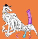 anal_beads animal_dildo animal_sex_toy baseball_cap bodily_fluids body_writing canine_dildo claws clothing collar cum cum_in_mouth cum_inside cum_on_body cum_pool digitigrade dildo emaciated equine_dildo fangs feral genital_fluids hat headgear headwear lube_bottle male ribs semi-anthro sex_toy sex_toy_background sitting skinny slim solo tally_marks teeth text vibrator western_tally_marks white_body white_skin writing_on_thigh queentexx off_(game) bad_batter_(off) the_batter_(off) monster french_text hi_res