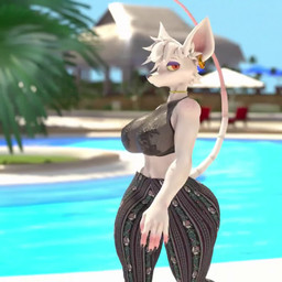 5_fingers anthro big_butt black_clothing blurred_background bottomwear breast_jiggle breasts butt butt_focus butt_jiggle butt_shot claws clothing crop_top curvy_figure ear_piercing ear_ring female finger_claws fingers flirting_look freckled_shoulders freckles hair half-closed_eyes jiggling light looking_aside looking_at_viewer low-angle_view midriff narrowed_eyes neckband neckwear noticing orange_eyes palm_tree pants piercing plant pool poolside ring_piercing shirt short_hair sky slim_tail smile solo summer tail thick_thighs toothy_grin topwear tree voluptuous voluptuous_anthro voluptuous_female walking water white_body white_hair wide_hips worm's-eye_view jojomingles warfaremachine_(modeler) forbidden_pants officer_flint_(foresttherotten) warfare_flint mammal mouse murid murine rodent 1:1 3d_(artwork) 3d_animation animated digital_media_(artwork) lighting no_sound webm
