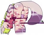 anthro balls bdsm bent_over biped bondage bound bow_(feature) butt chastity_cage chastity_device collar exposed femboy genitals green_hair hair leash male pink_chastity_cage ribbon_bondage ribbons solo stripes submissive submissive_male arh uktemperance aardwolf hyena mammal 2016