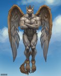 anthro beak cloud fantasy feathered_wings feathers feet floating flying male muscular sky skyscape solo spread_wings wings buckovskiart mythology weretober avian aviary_(species) gryphon hybrid mythological_avian mythological_creature 2023 4:5 absurd_res hi_res