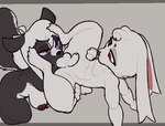 anthro ball_lick ball_suck balls dark_body duo feet female female_licking_male flaccid foot_fetish foot_on_face foot_on_head foreskin genitals holding_both_legs holding_both_thighs licking male male/female multicolored_body oral penis purple_eyes red_eyes sex sucking tongue two_tone_body white_body trufzn samantha_(bateryne) lagomorph leporid mammal mephitid rabbit skunk