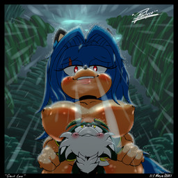 anthro blue_body blue_fur blue_hair blush breasts duo female forest forest_background fur green_body green_fur hair heart_eyes heart_symbol macro male nude plant raining red_eyes scar tree wide_hips yellow_eyes pacheco sega sonic_the_hedgehog_(series) nikolay_(pacheco) canid canine domestic_cat felid feline felis fox mammal 1:1 hi_res