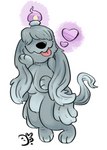 anthro big_breasts breasts candle candle_on_head female fur grey_body grey_fur heart_symbol obscured_eyes simple_background solo tongue tongue_out white_background nekopuoo nintendo pokemon canid canine generation_9_pokemon greavard mammal pokemon_(species) absurd_res hi_res