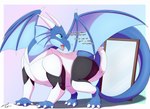 clean_diaper clothing diaper diaper_under_clothing female feral looking_back mirror onesie open_mouth solo text steelshark mythology dragon mythological_creature mythological_scalie scalie 11:8 absurd_res hi_res
