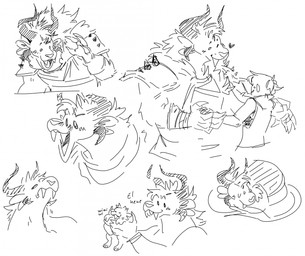 4_ears 4_horns anthro armor biped curled_up duo fangs female hand_holding horn larger_anthro male male/female multi_ear multi_horn open_mouth open_smile pauldron size_difference smaller_human smile teeth protosaru guild_wars charr felid human mammal 2025 digital_media_(artwork) hi_res monochrome sketch_page