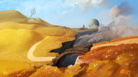 bridge building church cliff cloud flower grass landscape moon not_furry plant scenery zero_pictured feretta tale_of_tails 16:9 2019 digital_media_(artwork) hi_res shaded widescreen
