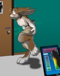anthro bathroom blush bodily_fluids bottomwear catmonkshiro clothing desperation embarrassed english_text fart hi_res holding_butt holding_in_feces lagomorph leporid male mammal rabbit rumbling_stomach shorts solo sweat sweatdrop text
