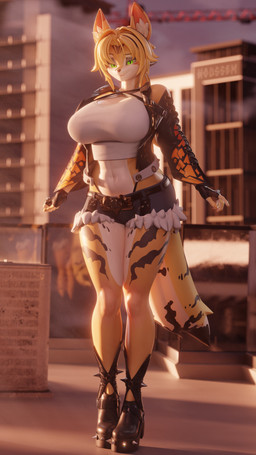 anthro big_breasts blonde_hair breasts clothed clothing female fur green_eyes hair solo tail tuft white_body white_fur yellow_body yellow_fur houssem valorlynz_(modeler) mihoyo zenless_zone_zero pulchra_fellini felid feline mammal thiren 3d_(artwork) absurd_res digital_media_(artwork) hi_res