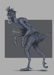 action_pose anthro arm_tuft avian_caruncle avian_feet beady_eyes big_hands claws comb_(anatomy) dewclaw dewlap_(anatomy) elbow_tuft empty_eyes feathers grey_background head_crest hunched_over long_claws long_neck male male_anthro nude open_mouth pose shadow sharp_teeth side_view simple_background solo teeth tuft walking wattle caymartworks european_mythology mythology spanish_mythology avian bird chicken galliform gallus_(genus) hybrid mythological_avian mythological_creature phasianid quarantamaula 2021 absurd_res full-length_portrait hi_res portrait