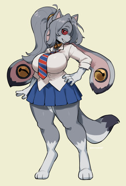 accessory anthro bell bell_collar big_breasts bottomwear breasts clothing collar collared_shirt dress_shirt female floppy_ears fur gold_accessory grey_body grey_fur grey_hair hair hair_accessory hair_tie hand_on_hip long_hair long_tail looking_at_viewer lop_ears necktie ponytail red_sclera shirt skirt smile solo standing tail thick_thighs topwear wide_hips murninatair jund_(smugjund) canid canine canis hybrid lagomorph leporid mammal rabbit wolf hi_res