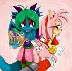 anthro blush bodily_fluids clothed clothing duo female genital_fluids magic nipples orgasm panties pink_body simple_background tail thick_thighs tongue underwear vaginal_fluids sssonic2 mythology sega sonic_the_hedgehog_(series) amethese amy_rose fan_character dragon eulipotyphlan hedgehog mammal mythological_creature mythological_scalie scalie hi_res