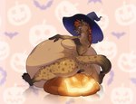 anthro anthro_pred breasts butt clothing female food fruit hat headgear headwear holidays orange_eyes piercing plant pumpkin scar solo spots vore cmitchell halloween hyena mammal hi_res