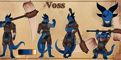 anthro armor black_sclera blue_body flexing male maul prosthetic smile solo weapon weird_dog_thing voss_varcain kobold scalie absurd_res hi_res model_sheet multiple_images
