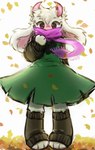 ambiguous_gender anthro autumn blush blush_lines clothing floppy_ears fur hair horn leaf legwear looking_at_viewer mouth_obstructed paws purple_eyes scarf simple_background solo white_body white_fur white_hair maimoonrabbit deltarune undertale_(series) ralsei bovid caprine mammal 2024 hi_res signature male_(lore)