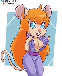 anthro areola blue_background blue_eyes buckteeth eyelashes female flashing flashing_breasts front_view hair inner_ear_fluff long_hair looking_at_viewer nipples open_mouth orange_hair pink_areola pink_nipples pink_nose purple_jumpsuit simple_background solo teeth thick_thighs tuft white_background wide_hips yahyah chip_'n_dale_rescue_rangers disney gadget_hackwrench mammal mouse murid murine rodent