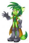 5_fingers anthro black_nose boots clothed clothing coat dipstick_ears dipstick_tail ear_markings featureless_crotch female fingers flat_chested footwear fur gloves green_body green_fur green_hair hair handwear markings multicolored_ears multicolored_tail open_mouth open_smile orange_eyes shoes simple_background smile solo tail tail_markings toony topwear white_background kichigai neocat_(kichigai) mammal cel_shading full-length_portrait low_res portrait shaded