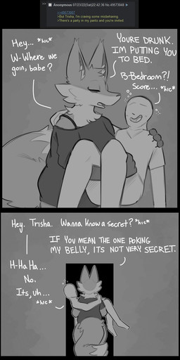 anthro barely_visible_breasts biped breasts carrying_another carrying_partner dialogue drunk duo eyes_closed female human_on_anthro i_love_you interspecies male medium_breasts partners substance_intoxication text zzx anon low_detail_friend_(zzx) trisha_fox_(zzx) canid canine fox human mammal 2022 absurd_res digital_media_(artwork) english_text greyscale hi_res long_image monochrome tall_image