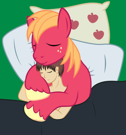 bed cuddling duo eyes_closed feral freckles furniture hug male male/male pillow smile badumsquish friendship_is_magic hasbro my_little_pony anon big_macintosh_(mlp) fan_character generic_messy_hair_anime_anon equid equine horse human mammal pony 2016 hi_res story story_in_description