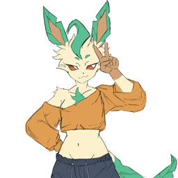 :3 anthro bottomwear breasts brown_eyes clothing female female_anthro front_view fur gesture gloves_(marking) green_body green_fur hand_gesture hand_on_hip head_tuft leaf leaf_hair leaf_tail looking_away markings midriff multicolored_body multicolored_fur navel pants plant plant_hair pokemorph pseudo_hair small_breasts small_waist solo sweatpants tail tan_body tan_fur tuft v_sign mun_rue nintendo pokemon eeveelution generation_4_pokemon leafeon pokemon_(species) 1:1 2026 digital_drawing_(artwork) digital_media_(artwork) hi_res