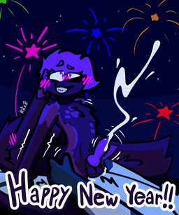 anthro big_ears big_tail blue_body blue_fur blush blush_lines bodily_fluids cowgirl_position cross-eyed cum cumshot duo ear_blush ejaculation fireworks footprint from_front_position fur genital_fluids holidays knot looking_pleasured male male/male markings night on_bottom on_top pawprint pawprint_(marking) purple_body purple_fur sex solo_focus star tail text roxo_(artist) new_year roxo canid canine fennec_fox fox mammal true_fox hi_res shaded signature