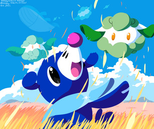 ambiguous_gender black_eyes blue_body cloud feral grass group happy markings multicolored_body open_mouth orange_eyes plant sky tongue two_tone_body whisker_markings sleepy_sealion nintendo pokemon cottonee elemental_creature flora_fauna generation_3_pokemon generation_5_pokemon generation_7_pokemon pokemon_(species) popplio wailord 2025 6:5 dated hi_res signature
