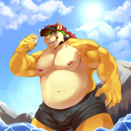 anthro barazoku baseball_cap belly biceps big_muscles bulge claws clothed clothing cloud collar day hair hat headgear headwear holding_object horn looking_at_viewer male musclegut muscular muscular_anthro muscular_male narrowed_eyes navel nipples non-mammal_nipples open_mouth open_smile outside partially_submerged pecs rock smile solo spiked_collar spikes standing sun teeth tongue topless topless_anthro topless_male underwear water wet wet_body trashyfuri mario_bros nintendo bowser koopa scalie 1:1 2022 absurd_res hi_res signature