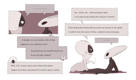 anthro bedroom biped black_body black_eyes bodily_fluids border detailed_background dialogue duo embarrassed empty_eyes eye_contact female female/female female_anthro female_humanoid humanoid_on_anthro inside leaning leaning_backward leaning_forward looking_at_another looking_at_partner mouthless nude sitting speech_bubble sweat sweatdrop talking_to_another talking_to_partner text white_body white_border white_eyes justdog hollow_knight:_silksong hollow_knight_(franchise) team_cherry hornet_(hollow_knight) lace_(hollow_knight:_silksong) arthropod humanoid 2025 comic digital_drawing_(artwork) digital_media_(artwork) english_text hi_res