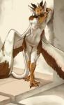 anthro beak breasts featureless_breasts featureless_crotch female looking_at_viewer non-mammal_breasts nude smile solo standing tail wide_hips jinash mythology eva_(ozawk) avian gryphon mythological_avian mythological_creature hi_res