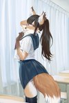anthro asian_clothing brown_body brown_fur brown_hair butt classroom clothing east_asian_clothing female fox_ears fox_tail fur grey_eyes hair inside japanese_clothing japanese_school_uniform legwear looking_at_viewer mid_transformation multicolored_body multicolored_fur orange_body orange_eyes orange_fur ponytail school school_uniform solo species_transformation stockings transformation tying_hair uniform upset white_body white_fur ora_ozen fan_character canid canine fox mammal hi_res