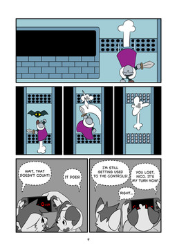 anthro argument brick cloak clothing death_screen dialogue duo emanata floppy_ears game_over gameplay_mechanics gaming head_tuft heart_(marking) male markings melee_weapon playing playing_video_game purple_cloak purple_clothing smoke spikes sword text tuft weapon young young_anthro young_male minishadefox nintendo nintendo_switch elliot_vance nico_florence bat canid canine canis domestic_dog humanoid mammal absurd_res black_and_white comic english_text hi_res monochrome cousins_(lore)