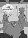 anthro armor axe breasts casual_exposure clothed clothing dialogue duo female humor inside male melee_weapon shield standing sword text topless unconvincing_armor weapon rinzy canid canine fox mammal 2019 3:4 english_text hi_res monochrome