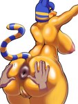 animal_crossing ankha_(animal_crossing) anthro anus areola big_anus big_breasts big_butt blue_hair blush breasts butt disembodied_hand domestic_cat duo felid feline felis female genitals hair hand_on_butt hi_res humanoid_hands mammal nintendo nipples pussy simple_background thugji3 white_background yellow_body