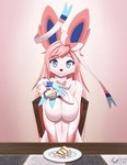 anthro blue_eyes breasts cake cheesecake cute_fangs dessert fangs featureless_breasts female food hair long_hair looking_at_viewer nude pink_hair smile solo teeth myssedakes nintendo pokemon eeveelution generation_6_pokemon pokemon_(species) sylveon absurd_res hi_res