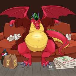 anthro antlers bag bathrobe bathrobe_only belly beverage_bottle big_belly bottle box chinese_takeout_container clothing container furniture green_eyes green_hair hair horn huge_belly male membrane_(anatomy) membranous_wings on_sofa overweight overweight_male pizza_box red_body robe sitting sitting_on_sofa soda_bottle sofa solo tail wings yellow_body yellow_sclera dragontzin american_dragon:_jake_long disney european_mythology mythology jake_long dragon mythological_creature mythological_scalie scalie western_dragon 1:1 hi_res