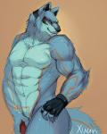 5_fingers abs anthro biceps big_muscles biped blue_body blue_eyes blue_fur clothing fingers flaccid fur genitals gloves handwear male muscular muscular_anthro muscular_male nude orange_body orange_fur pecs penis smile solo standing teeth xuan_sirius randolph_(xuan_sirius) canid canine canis mammal wolf