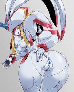 anus breasts butt censor_bar clitoris female genitals hand_on_butt ineffective_censorship looking_at_viewer machine not_furry pose presenting presenting_hindquarters simple_background solo vulva white_background y_anus pochincoff darling_in_the_franxx studio_trigger strelizia humanoid robot robot_humanoid censored pinup