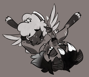 ambiguous_gender ambiguous_penetration black_body black_fur blush blush_lines bodily_fluids eyelashes freckled_face freckles fur genitals halo holding_head long_eyelashes looking_pleasured male male/ambiguous nude penetration scar sex size_difference spread_legs spreading sweat tail wings soulcentinel hellaverse helluva_boss mythology collin_(helluva_boss) molly_(violetechoes) angel bovid canid canid_demon canine caprine cherub demon hellhound mammal mythological_canine mythological_creature sheep monochrome