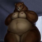 anthro areola belly belly_overhang big_breasts body_size_growth breasts brown_body brown_fur female from_front_position fur genitals growth_sequence hand_on_own_breast looking_down looking_surprised navel nipples nude overweight pose pressing_breasts_together pussy size_transformation slightly_chubby slightly_chubby_anthro slightly_chubby_female solo thick_thighs touching_own_breast transformation wide_hips meanybeany bear mammal ursine 1:1 hi_res pinup