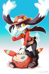 5_fingers anthro black_bottomwear black_clothing black_pants boots bottomwear clothing cosplay cowboy cowboy_outfit fingers floppy_ears footwear gradient_background hat headgear headwear kerchief lasso male male_anthro pants red_clothing red_topwear rope shoes simple_background smile solo topwear ancesra bandai_namco klonoa_(series) guntz klonoa domestic_cat felid feline felis mammal 2022 2:3 hi_res