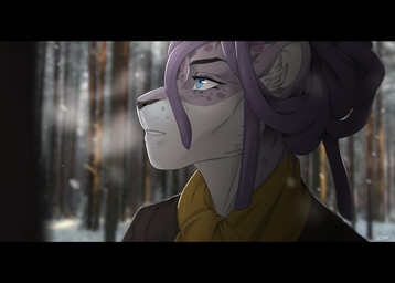 black_bars blue_eyes cold dreadlocks eyebrows eyelashes forest hair plant purple_hair scarf snow solo tree lesspie legend_of_ahya natalia_ruyemov_(darkflamewolf) felid feline leopard mammal pantherine snow_leopard 2022 absurd_res bust_portrait digital_media_(artwork) hi_res portrait
