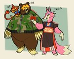 anthro apple black_nose brown_body clothed clothing food fruit group humanoid_hands male overweight overweight_male pink_body plant shirt size_difference text topwear leifyyy animal_crossing nintendo flip_(animal_crossing) freya_(animal_crossing) ike_(animal_crossing) bear canid canine canis haplorhine mammal monkey primate wolf 2021 hi_res