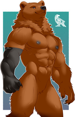 anthro claws fur looking_at_viewer male muscular nipples nude smile standing omez