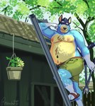 5_fingers anthro bedroom_eyes belly big_belly blue_body blue_fur bottomwear clothed clothing fingers footwear fur gardening hedge_clippers ladder male multicolored_body multicolored_fur narrowed_eyes navel nipples plant sandals seductive shoes shorts slightly_chubby slightly_chubby_male smile solo tan_body tan_fur topless tree two_tone_body two_tone_fur mikrogoat bluey_(series) bandit_heeler australian_cattle_dog canid canine canis cattledog domestic_dog herding_dog mammal pastoral_dog 2023 absurd_res hi_res signature