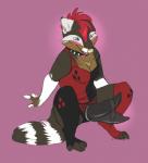 anthro clothing collar cosplay dildo female footwear harlequin harness legwear mohawk sex_toy simple_background socks solo strapon thigh_highs kindreddemon lilith_(kindreddemon) mammal procyonid raccoon hi_res