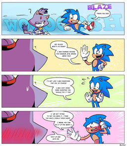 anthro blush bodily_fluids duo embarrased_female embarrassed embarrassed_expression female hero humor male male/female panicking princess romantic romantic_couple royalty simple_background smile speech_bubble sweat sweatdrop text xao_art sega sonic_the_hedgehog_(series) blaze_the_cat sonic_the_hedgehog domestic_cat eulipotyphlan felid feline felis hedgehog mammal comic english_text hi_res